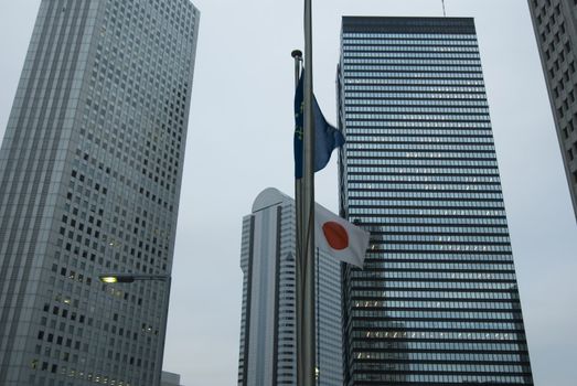 skyscrapers office buildings and Japanese state flag in center of Tokyo, Japan