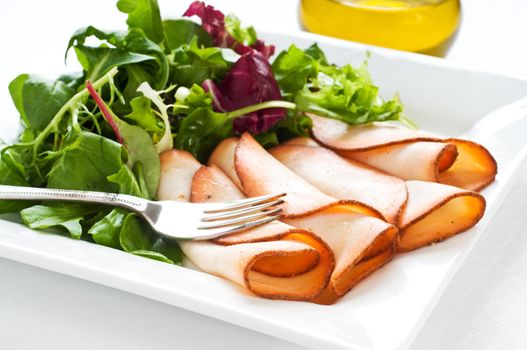 Plate of prepared meats served with fresh salad greens.