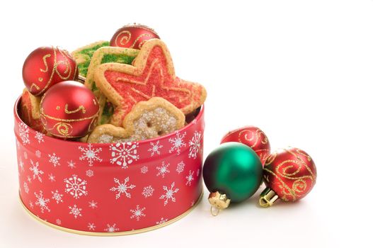 Colorful tin full of delicious christmas cookies.