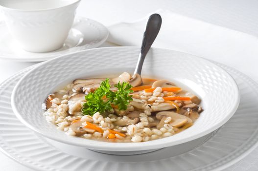 Bowl of hearty homemade mushroom and lentil soup.