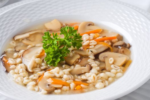 Bowl of wild mushroom and lentil soup.
