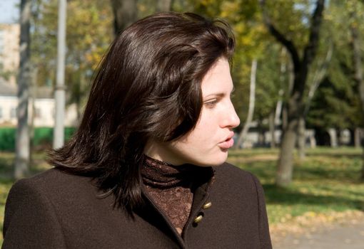 The beautiful young woman. Profile against park.