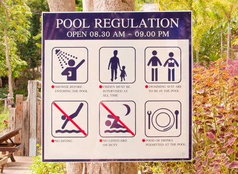Pool regulation plate. Be installed in the garden near the entrance to the pool.