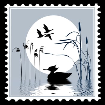 vector silhouette bird on postage stamps