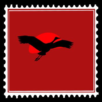 flying crane on postage stamps. vector