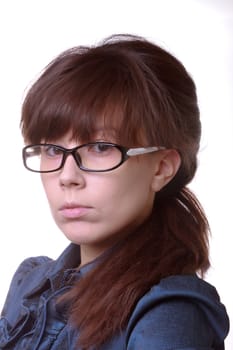 Portrait of young alluring brunette woman on white background