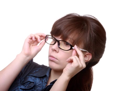 Closeup of an attractive woman holding her eyeglasses over white background
