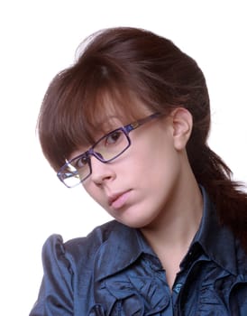 Portrait of young alluring brunette woman on white background