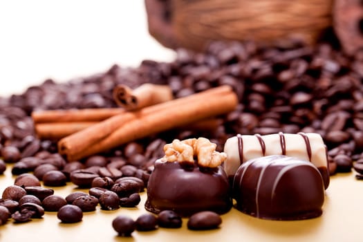 collection of different chocolate pralines truffels on golden brown background macro