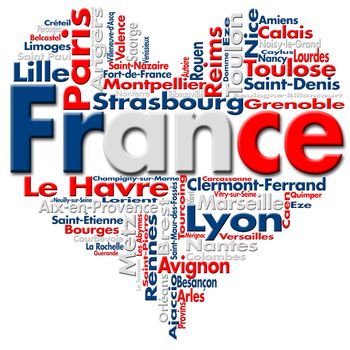 Written France and French cities with heart-shaped, French flag colors