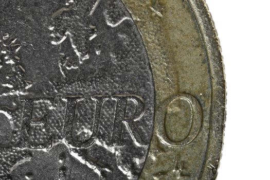 1 Euro coin macro detail over plain white backdrop