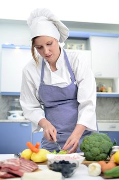 Attractive chief cook preparing food, cuts broccoli