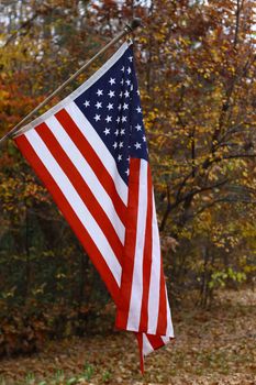 A vertical hanging American flag outside against a fall background