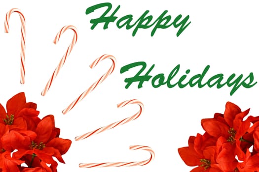 A seasonal Christmas Holiday decoration of candy canes and poinsettia plants isolated on white with room for your text.