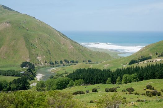Rural and coastal landscape background.