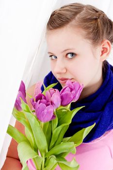 smiling teenager girl with pink tulips bouquet present gift easter mothersday valentine birthday