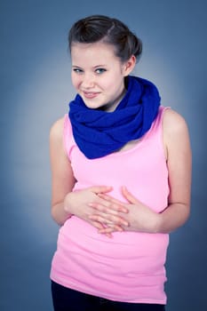 young teenager girl smiling having fun portrait blue scarf