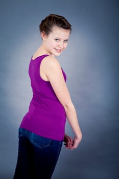 young teenager girl smiling having fun portrait blue scarf