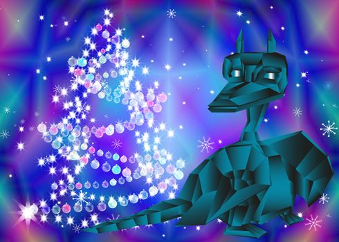 New Year's celebratory fur-tree with a garland on a bright abstract background and Dark blue fantastic dragon