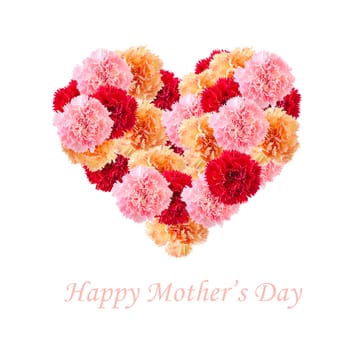 Bouquet of colorful assorted carnation flowers In Love Shape isolated on white with copy space. Happy Mother's day concept.