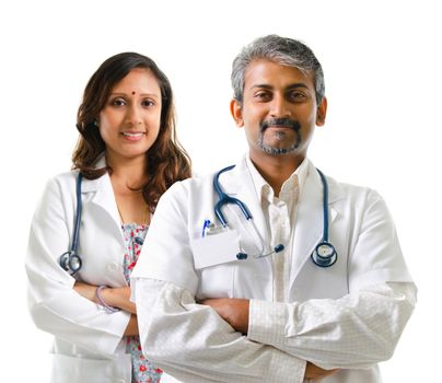 Indian doctors or medical team crossed arms standing isolated on white background