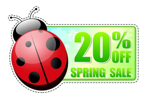 20 percentages off spring sale banner - text in green label with red ladybird and white flowers, business concept