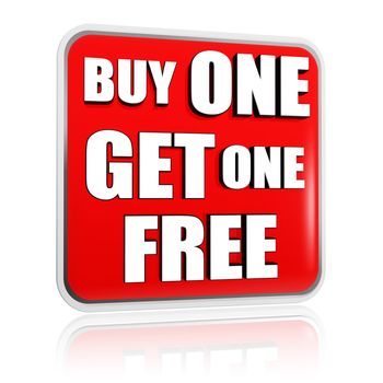 buy one get one free button - 3d red banner with white text, business concept