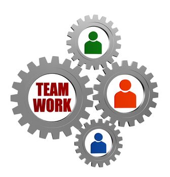 teamwork word and colored person signs in 3d silver grey gearwheels, business concept