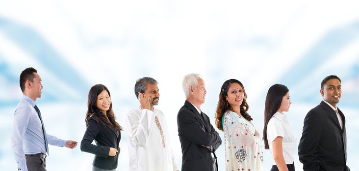 Group of Asian people lined up. Multiracial Asian person queuing up in a line waiting patiently.