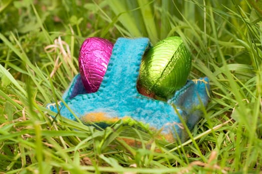 colorful easter eggs in the garden