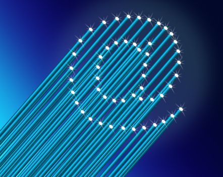 Illustration depicting many illuminated blue fiber optic light strands arranged to form the ampersat symbol. Blue gradient background.