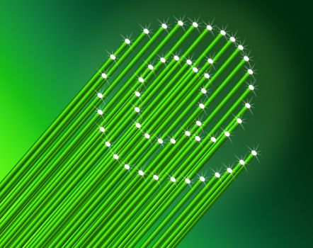 Illustration depicting many illuminated green fiber optic light strands arranged to form the ampersat symbol. Green background.
