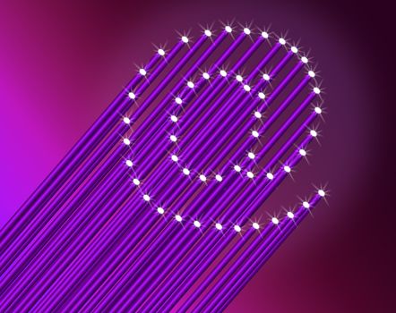 Illustration depicting many illuminated violet fiber optic light strands arranged to form the ampersat symbol. Dark pink background.