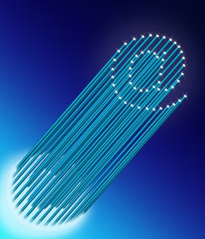 Illustration depicting many illuminated blue fiber optic light strands arranged to form the ampersat symbol. Blue gradient background.