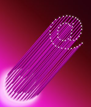 Illustration depicting many illuminated pink fiber optic light strands arranged to form the ampersat symbol. Dark pink background.