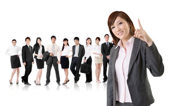 Smiling business executive woman of Asian have an idea in front of her team isolated on white background.