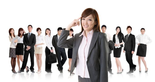 Smiling business executive woman of Asian have an idea in front of her team isolated on white background.