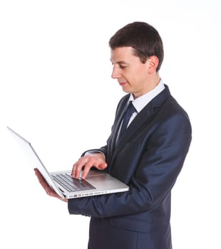 Business man working with a notebook. Isolated white background