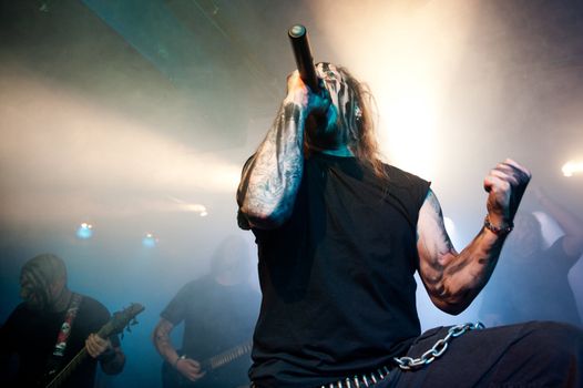 CANARY ISLANDS – DECEMBER 2: Singer Kenneth Liliegren in front, from the Norwegian band Mecalimb, performing onstage during Hard & Heavy Meeting December 2, 2011 in Canary islands, Spain
