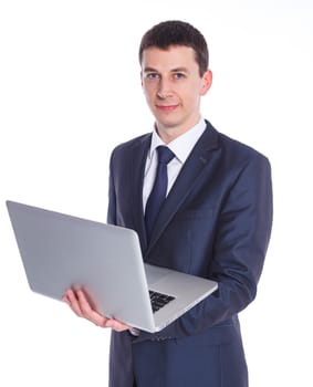 Business man working with a notebook. Isolated white background