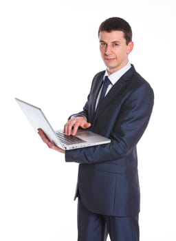 Business man working with a notebook. Isolated white background