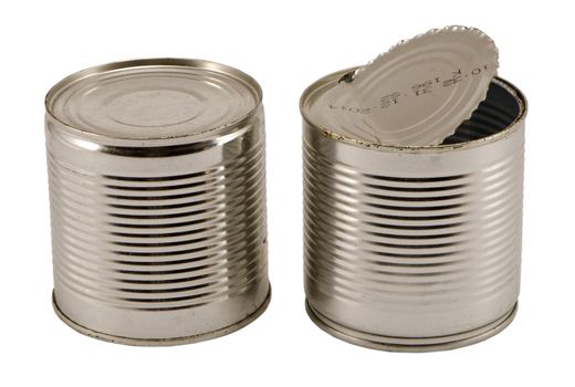 pair of open used silver metal cans isolated on white background