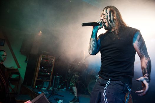 CANARY ISLANDS – DECEMBER 2: Singer Kenneth Liliegren in front, from the Norwegian band Mecalimb, performing onstage during Hard & Heavy Meeting December 2, 2011 in Canary islands, Spain
