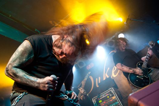 CANARY ISLANDS – DECEMBER 2: Kenneth Liliegren(l) and Songwriter Ole Olsen(r), from the Norwegian band Mecalimb, performing onstage during Hard & Heavy Meeting December 2, 2011 in Canary islands,Spain
