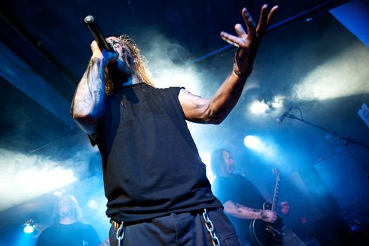 CANARY ISLANDS – DECEMBER 2: Singer Kenneth Liliegren in front, from the Norwegian band Mecalimb, performing onstage during Hard & Heavy Meeting December 2, 2011 in Canary islands, Spain
