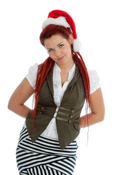 Young modern girl wearing Santa Claus hat isolated on white background.