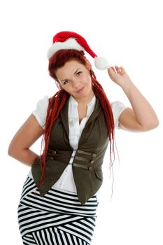 Young modern girl wearing Santa Claus hat isolated on white background.