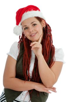 Young modern girl wearing Santa Claus hat isolated on white background.