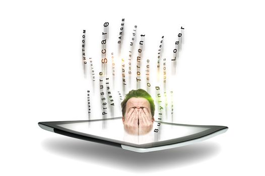 Conceptual image of a man subject to cyber bullying and predatory online behaviour in chatrooms and forums with his head emitting from a tablet screen covering his eyes surrounded by streaming text