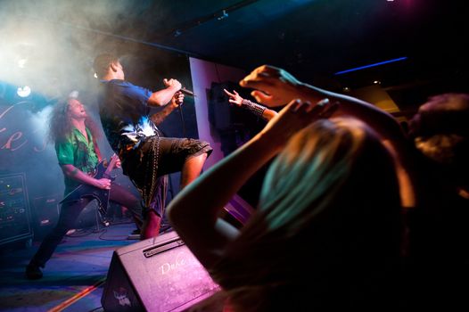 CANARY ISLANDS - DECEMBER 3: Singer Maurice Adams(r) and Damage Karlsen(l), from the Norwegian band Breed, performing onstage during Hard &amp; Heavy Meeting December 3, 2011 in Canary islands,Spain